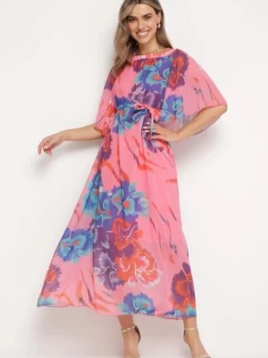 Różowo-Niebieska Rozkloszowana Sukienka z Wiązaniem w Talii i Szerokimi Rękawami Nellanora