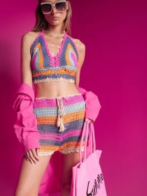 Różowo-Niebieski Ażurowy Komplet 2-Częściowy Top z Wiązaniem i Szorty Ściągane w Pasie Minslen