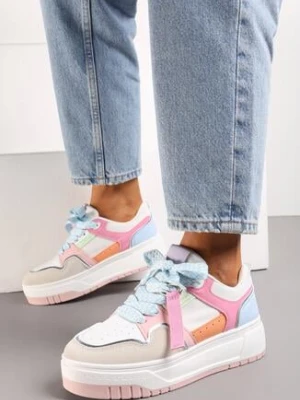 Różowo-Niebieskie Sneakersy na Grubej Podeszwie z Ozdobnymi Sznurówkami i Zawieszką Xalenia