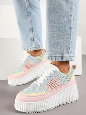 Różowo-Niebieskie Sneakersy na Grubej Podeszwie z Tłoczeniami Zdobione Przeszyciami Falinia ideal