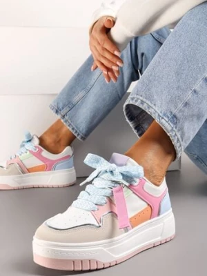 Różowo-Niebieskie Sneakersy na Niskiej Platformie z Zawieszką i Ozdobnymi Sznurówkami Salam