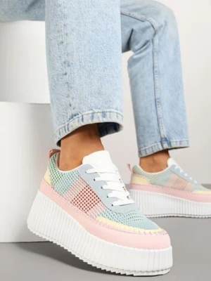 Różowo-Niebieskie Sneakersy na Tłoczonej Platformie z Ozdobnymi Przeszyciami Faloviela ideal