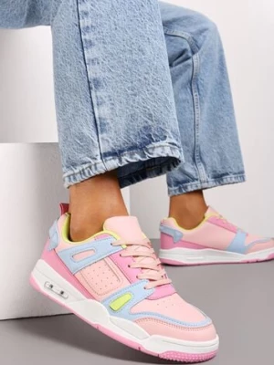Różowo-Niebieskie Sznurowane Sneakersy z Licznymi Wstawkami z Ekoskóry Gwendias