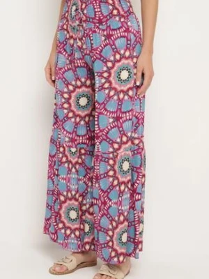 Różowo-Niebieskie Wiskozowe Spodnie Typu Palazzo z Wysokim Stanem i Gumką w Pasie Agnalia cflo