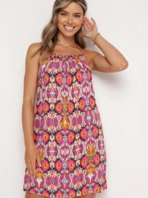 Różówo-Pomarańczowa Bawełniana Sukienka o Rozkloszowanym Kroju na Ramiączkach Tesarae defox