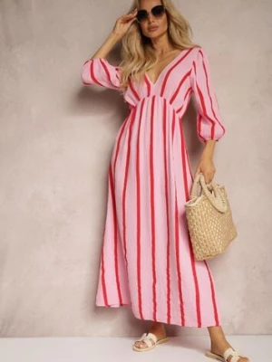 Różowo-Pomarańczowa Bawełniana Sukienka w Paski o Rozkloszowanym Kroju Legelia jumelle