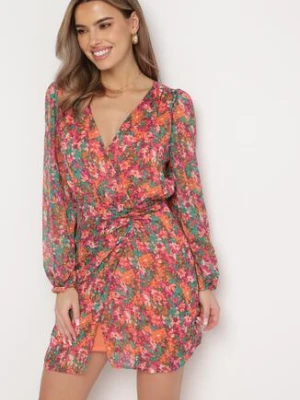 Różowo-Pomarańczowa Kopertowa Sukienka Mini w Kwiatki Oheldia retro & icone