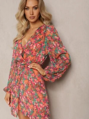 Różowo-Pomarańczowa Krótka Sukienka Kopertowa w Kwiatowy Wzór Ninora retro & icone