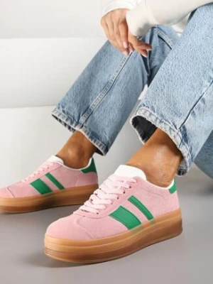 Różowo-Zielone Płaskie Sneakersy Ozdobione Paskami Norili