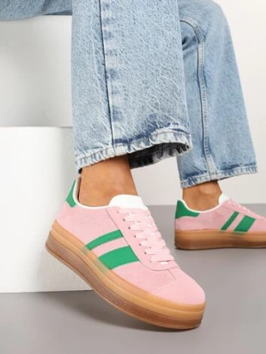 Różowo-Zielone Sneakersy na Płaskiej Podeszwie z Ozdobnymi Paskami Velali