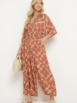 Różowo-Żółty Kombinezon Boho z Gumką w Talii Wiązany na Plecach z Szerokimi Nogawkami Rodolia belcci