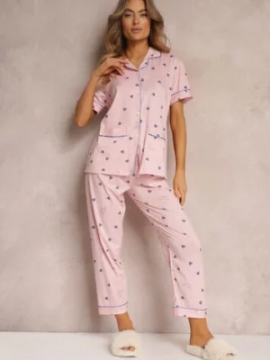 Różowy 2-częściowy Komplet Piżamowy z Koszulą na Guziki i Spodniami z Gumką w Talii Peneleta