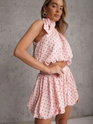Różowy Bawełniano-Wiskozowy Komplet Balloon w Groszki Wiązany Top i Szorty Luxina retro & icone