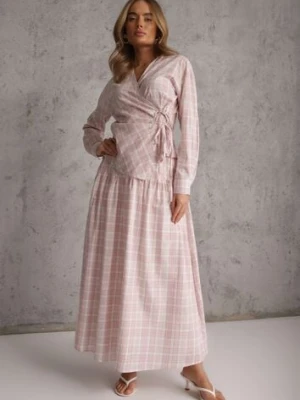 Różowy Bawełniany Komplet Rozkloszowana Spódnica i Bluzka z Wiązaniem Allisa unigirl