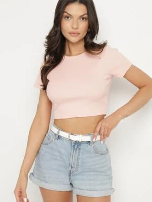 Różowy Bawełniany Prążkowany T-shirt Nelzedi j.style