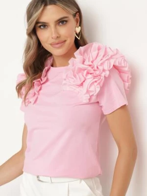 Różowy Bawełniany T-shirt Koszulka z Krótkim Rękawem Ozdobiona Aplikacją z Falbankami Aristine