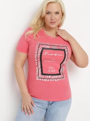 Różowy Bawełniany T-shirt Koszulka z Krótkim Rękawem Ozdobiona Nadrukiem i Cyrkoniami Codara glo-story