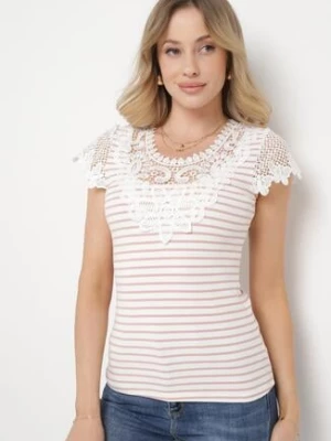 Różowy Bawełniany T-shirt Koszulka z Krótkim Rękawem z Ozdobną Koronką przy Dekolcie Carines g-dz fashion