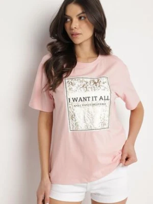 Różowy Bawełniany T-shirt Ozdobiony Nadrukiem Nelltaria glo-story