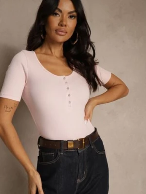 Różowy Bawełniany T-shirt Prążkowany z Guzikami Florvivi elsa.m by may