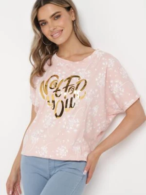 Różowy Bawełniany T-shirt z Rękawami Typu Nietoperz z Cyrkoniami i Nadrukiem Sevres glo-story