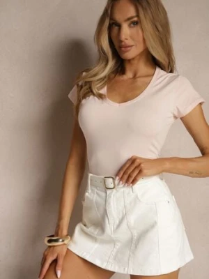 Różowy Bawełniany T-shirt z Trójkątnym Dekoltem Linalitia basic