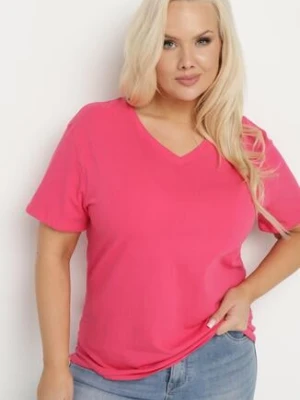 Zdjęcie produktu Różowy Bawełniany T-shirt z Trójkątnym Dekoltem Nusalia Glo-story