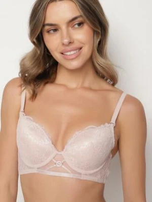 Różowy Biustonosz Typu Push-Up Ozdobiony Koronką Paskami i Aplikacją Ezinzee love magnolia