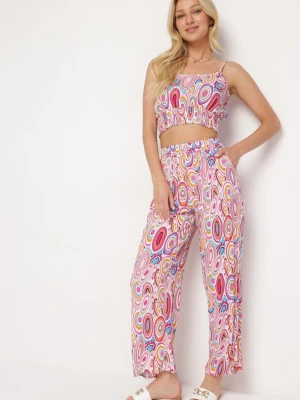Różowy Boho Komplet z Wiskozy Top na Ramiączkach z Gumką Szerokie Spodnie Palazzo Lereri