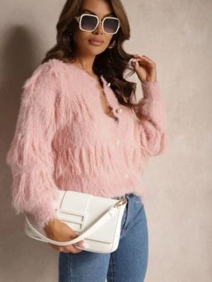 Różowy Casualowy Kardigan Puchaty z Wełną Frędzlami i Guzikami Mavanira j&x
