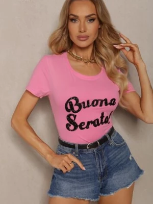 Różowy Casualowy T-shirt z Bawełny Wykończony Cyrkoniowym Napisem Lavisha