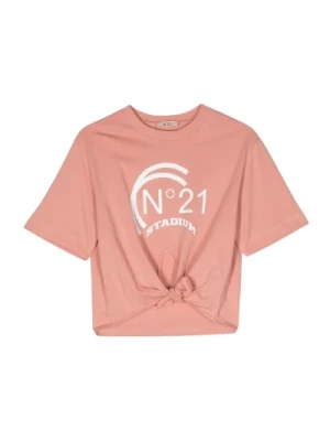 Różowy Cropped T-shirt z nadrukiem logo N21