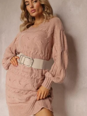 Różowy Długi Sweter Oversize z Wypukłym Splotem All Over Somet