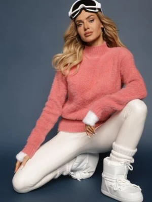 Różowy Dzianinowy Sweter z Dłuższym Włosiem i Półgolfem Christiam j&x