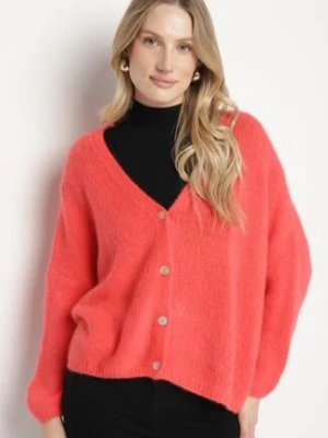 Różowy Kardigan z Dekoltem w Serek z Dzianiny z Wełną i Moherem Lismio jumelle