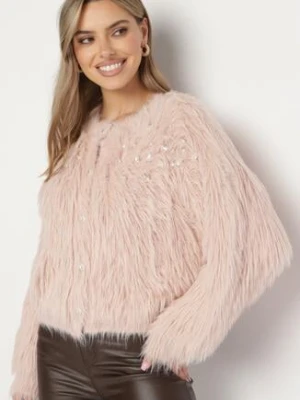 Różowy Kardigan z Długim Włosiem i Cyrkoniami Laolore elsa.m by may