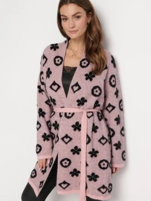Różowy Kardigan z Graficznym Kwiatowym Wzorem i Wiązanym Paskiem Juulia studio eleven