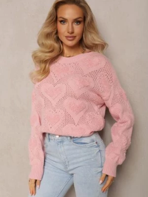 Różowy Klasyczny Sweter ze Splotem w Serca i Ściągaczami Miadove moni&co