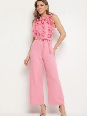 Różowy Koktajlowy Kombinezon z Żabotem Szerokimi Nogawkami i Paskiem w Talii Uenelsea elsa.m by may