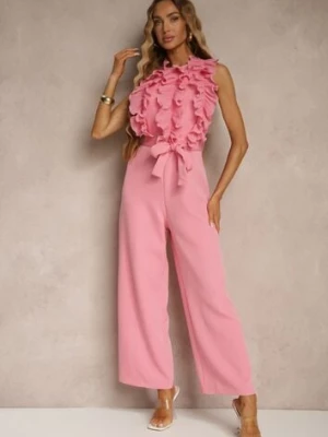 Różowy Kombinezon Koktajlowy z Żabotem Materiałowym Paskiem i Szerokimi Nogawkami Venelsea elsa.m by may