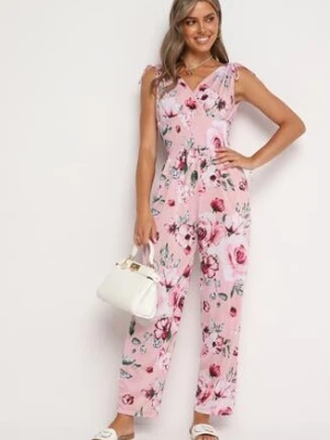 Różowy Kombinezon w Kwiaty Wykończony Troczkami z Gumką w Talii Jalivia defox