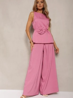 Różowy Komplet Bluzka bez Rękawów z Aplikacją 3D Spodnie Typu Palazzo Wreviana