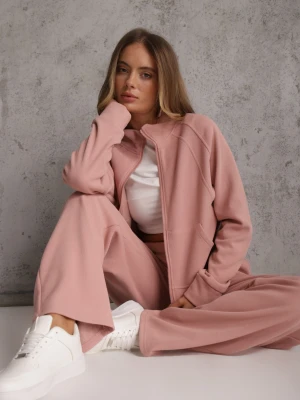 Różowy Komplet Dresowy Spodnie Wide Leg i Bluza na Suwak ze Stójką Milia Swest
