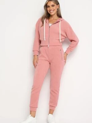 Różowy Komplet Dresowy z Bawełną Bluza z Kapturem i Spodnie z Gumką w Talii Neseria