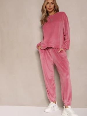 Różowy Komplet Dresowy z Welurowej Tkaniny Bluza i Joggery Lisarilia h&s
