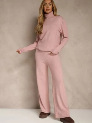 Różowy Komplet Dzianinowy z Wełną i Bawełną Szerokie Spodnie i Golf Lennria