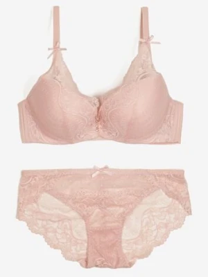 Różowy Komplet Koronkowy z Kokardkami Majtki typu Figi i Biustonosz Full Cup Iriniues