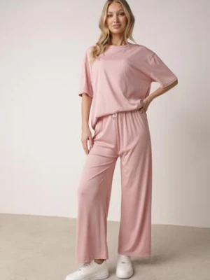 Różowy Komplet Oversize z Cyrkoniami T-shirt i Spodnie Arnatea ambitionfly