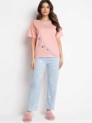 Różowy Komplet Piżamowy Koszulka z Nadrukiem i Proste Długie Spodnie Lirrana