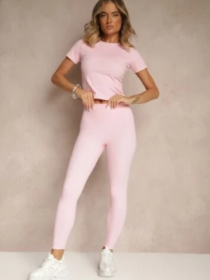 Różowy Komplet Sportowy Legginsy i T-shirt o Dopasowanym Kroju Silanessa